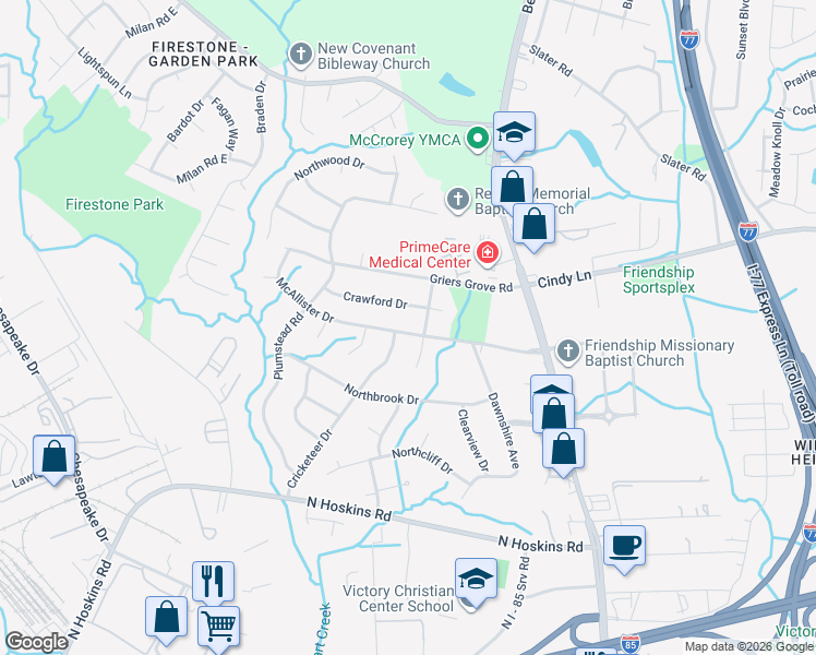 map of restaurants, bars, coffee shops, grocery stores, and more near 1715 McAllister Drive in Charlotte
