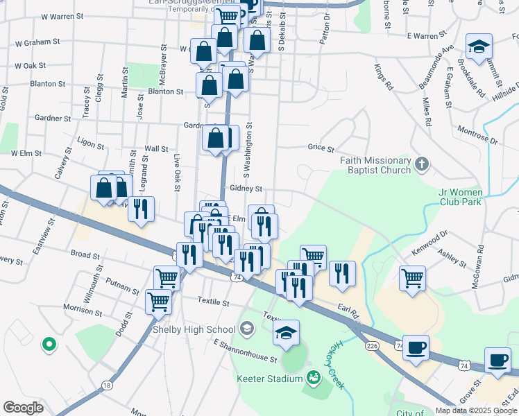 map of restaurants, bars, coffee shops, grocery stores, and more near 712 Parkview St in Shelby