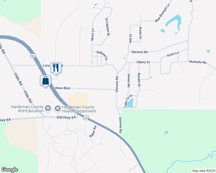 map of restaurants, bars, coffee shops, grocery stores, and more near 102 Hines Blvd in Bolivar