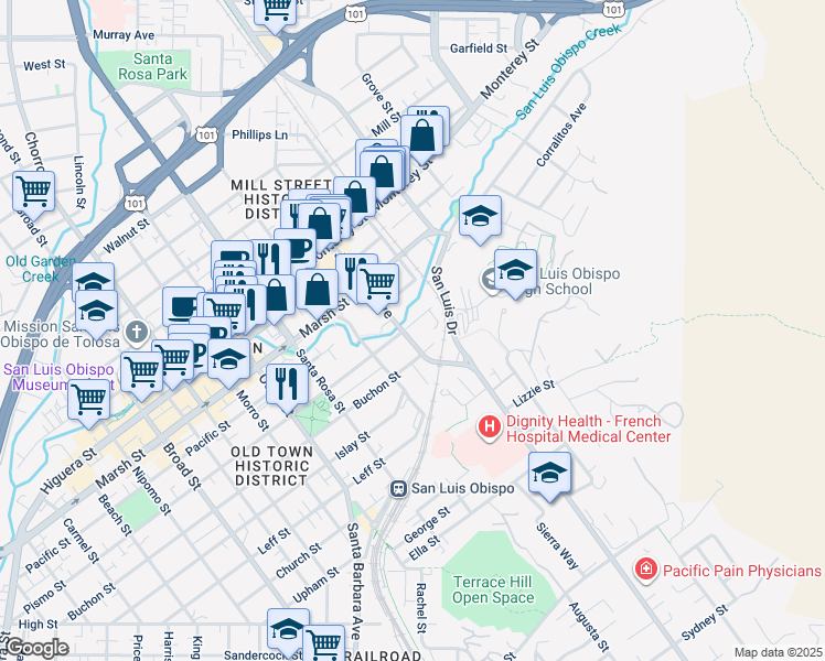 map of restaurants, bars, coffee shops, grocery stores, and more near 1309 Pismo Street in San Luis Obispo