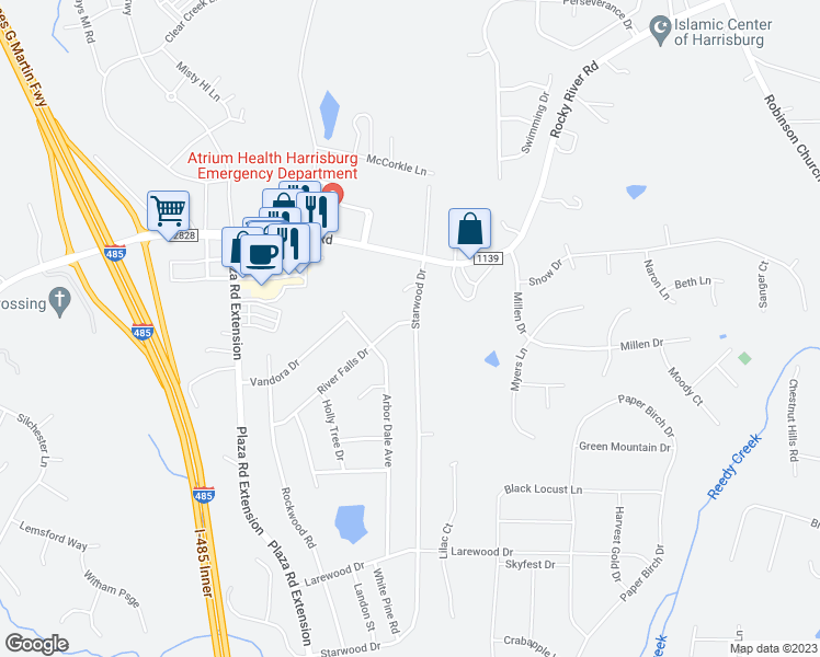 map of restaurants, bars, coffee shops, grocery stores, and more near 5303 River Falls Drive in Charlotte