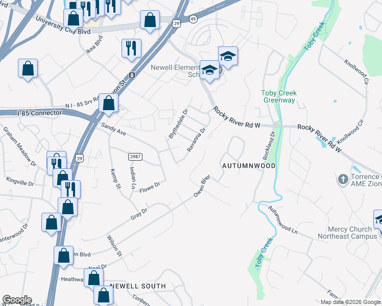 map of restaurants, bars, coffee shops, grocery stores, and more near 7236 Ravanna Drive in Charlotte