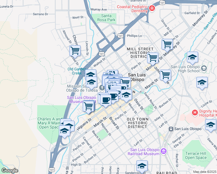 map of restaurants, bars, coffee shops, grocery stores, and more near 817 Palm Street in San Luis Obispo
