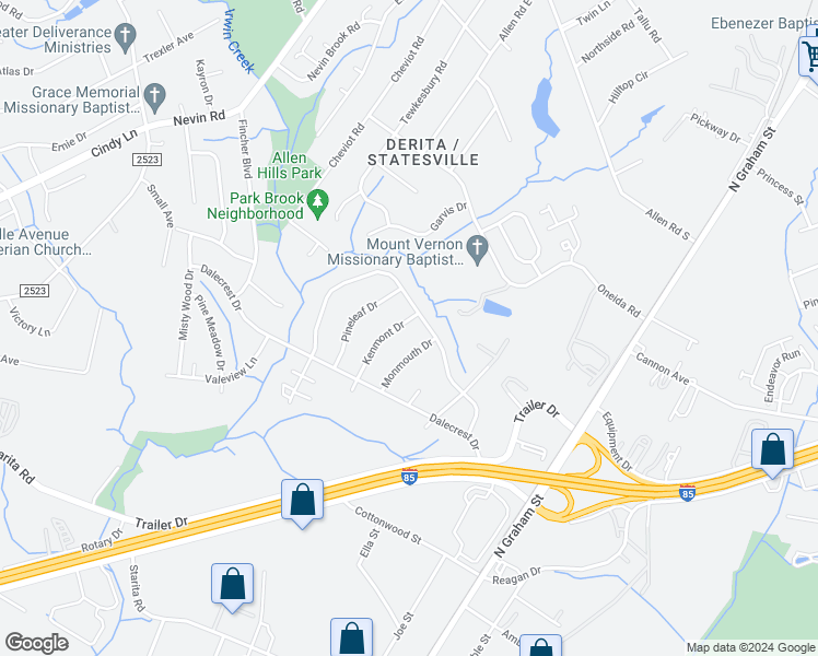 map of restaurants, bars, coffee shops, grocery stores, and more near 4740 Kenmont Drive in Charlotte