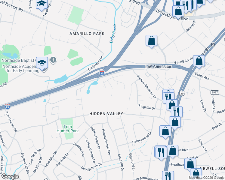 map of restaurants, bars, coffee shops, grocery stores, and more near 1905 Nigel Court in Charlotte