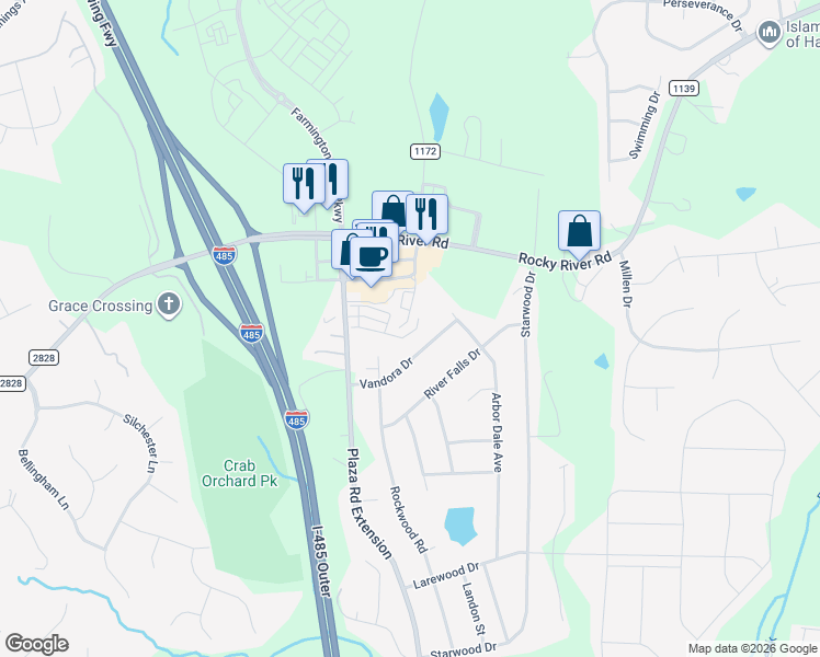 map of restaurants, bars, coffee shops, grocery stores, and more near 5647 Stafford Road in Charlotte