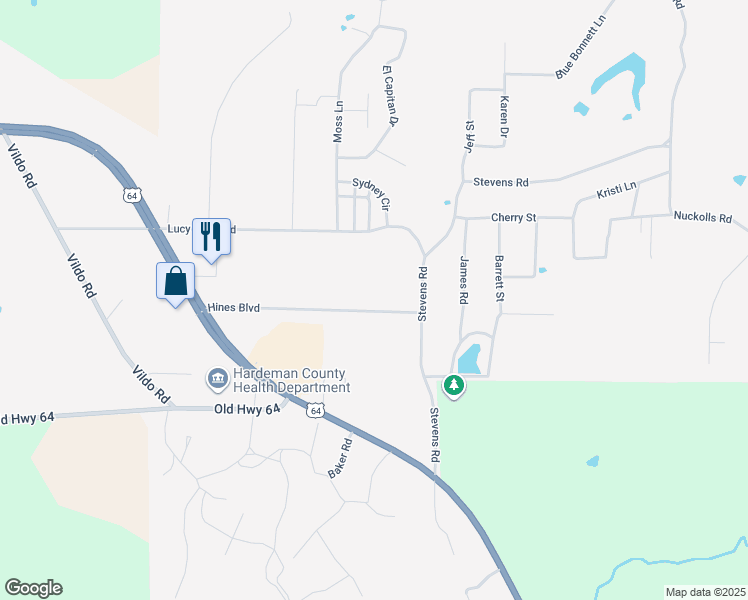 map of restaurants, bars, coffee shops, grocery stores, and more near 110 Hines Boulevard in Bolivar