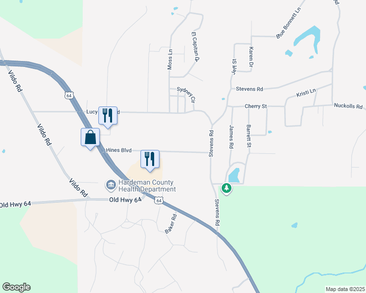 map of restaurants, bars, coffee shops, grocery stores, and more near 110 Hines Boulevard in Bolivar