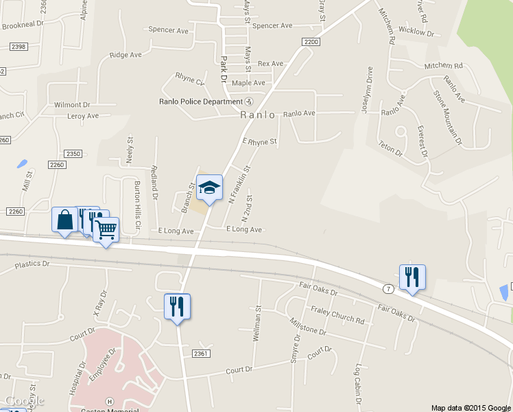 map of restaurants, bars, coffee shops, grocery stores, and more near 1332 North 2nd Street in Gastonia