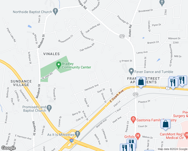 map of restaurants, bars, coffee shops, grocery stores, and more near 715 Grover Street in Gastonia