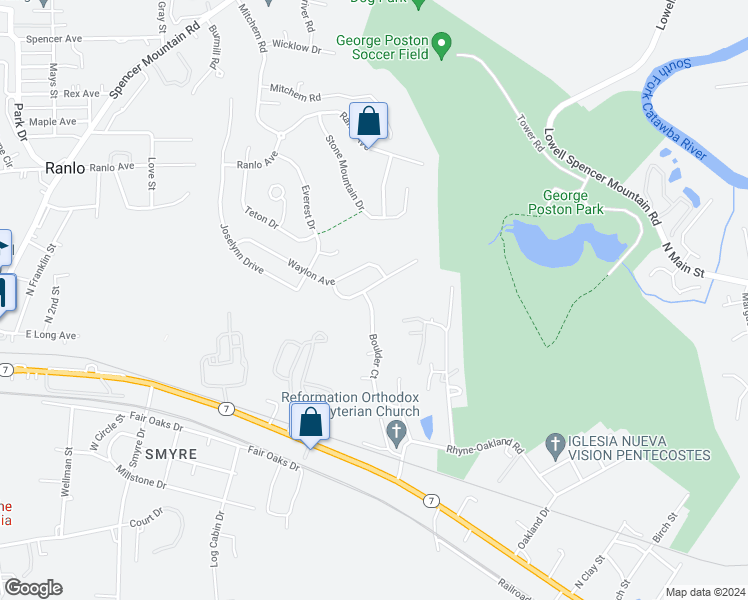 map of restaurants, bars, coffee shops, grocery stores, and more near 1905 Boulder Court in Gastonia