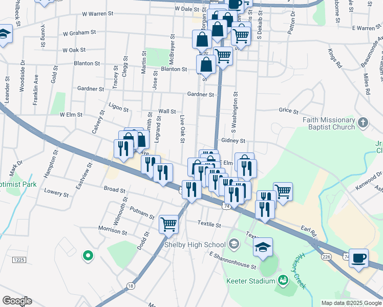 map of restaurants, bars, coffee shops, grocery stores, and more near 714 South Morgan Street in Shelby
