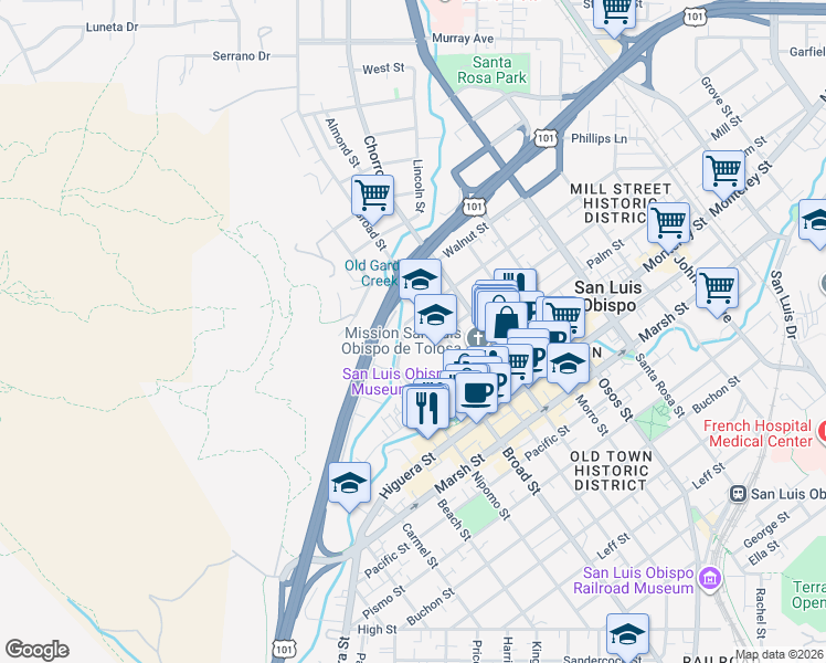 map of restaurants, bars, coffee shops, grocery stores, and more near 570 Peach Street in San Luis Obispo