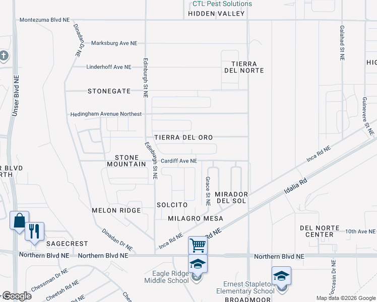 map of restaurants, bars, coffee shops, grocery stores, and more near 2594 Camino Plata Loop Northeast in Rio Rancho