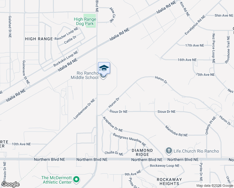 map of restaurants, bars, coffee shops, grocery stores, and more near 4105 Huron Drive in Rio Rancho
