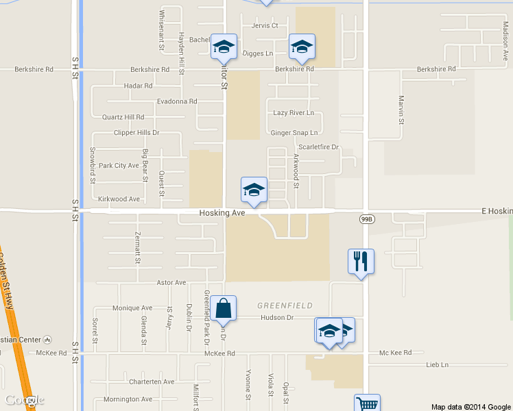 map of restaurants, bars, coffee shops, grocery stores, and more near 22 Hosking Avenue in Bakersfield