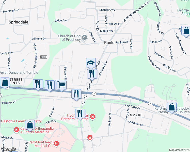 map of restaurants, bars, coffee shops, grocery stores, and more near 1327 Spencer Mountain Road in Gastonia