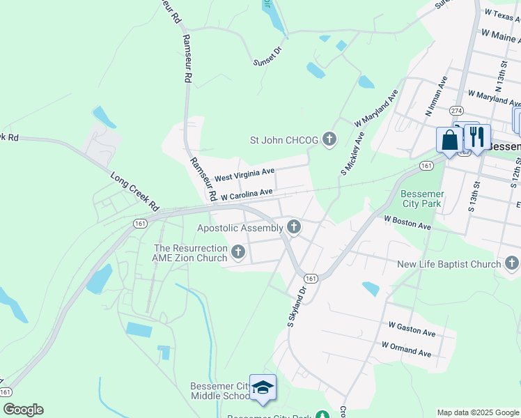 map of restaurants, bars, coffee shops, grocery stores, and more near 808 North Carolina 161 in Bessemer City