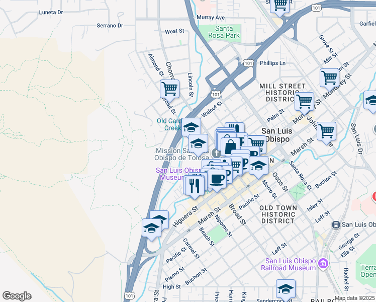 map of restaurants, bars, coffee shops, grocery stores, and more near 570 Peach Street in San Luis Obispo