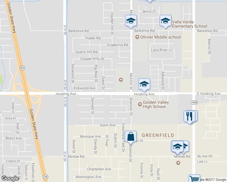 map of restaurants, bars, coffee shops, grocery stores, and more near 1105 Valdes Court in Bakersfield