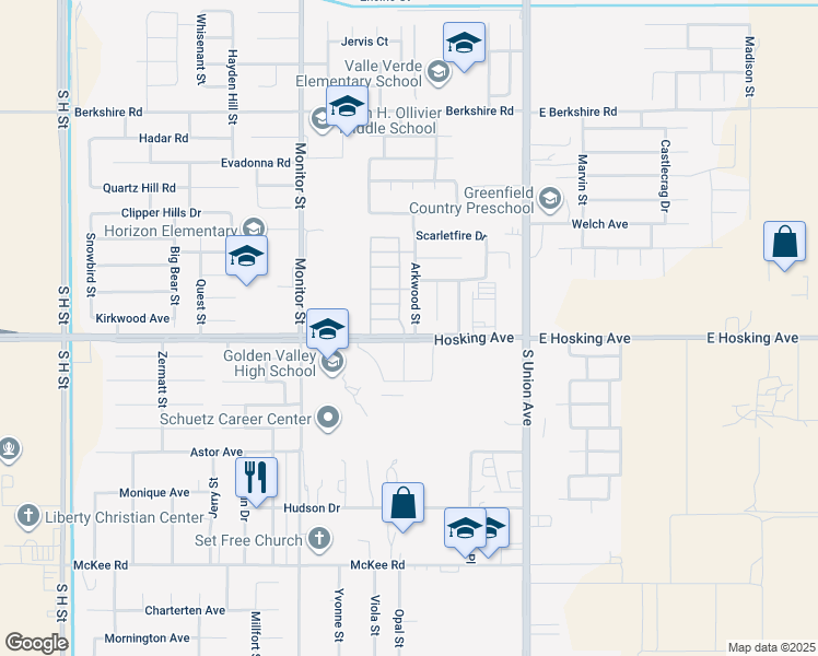 map of restaurants, bars, coffee shops, grocery stores, and more near 600 Hosking Avenue in Bakersfield