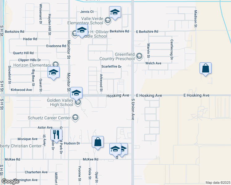map of restaurants, bars, coffee shops, grocery stores, and more near 8014 Jackstraw Street in Bakersfield