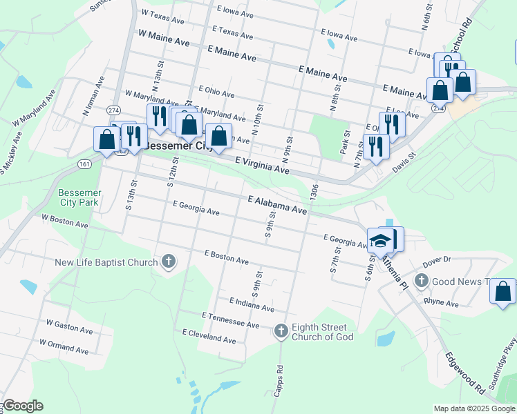 map of restaurants, bars, coffee shops, grocery stores, and more near 312 East Alabama Avenue in Bessemer City