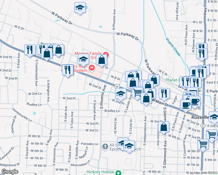 map of restaurants, bars, coffee shops, grocery stores, and more near 1509 West Main Street in Russellville