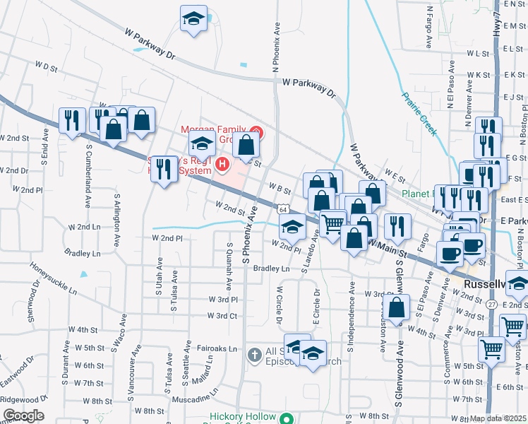 map of restaurants, bars, coffee shops, grocery stores, and more near 1509 West Main Street in Russellville