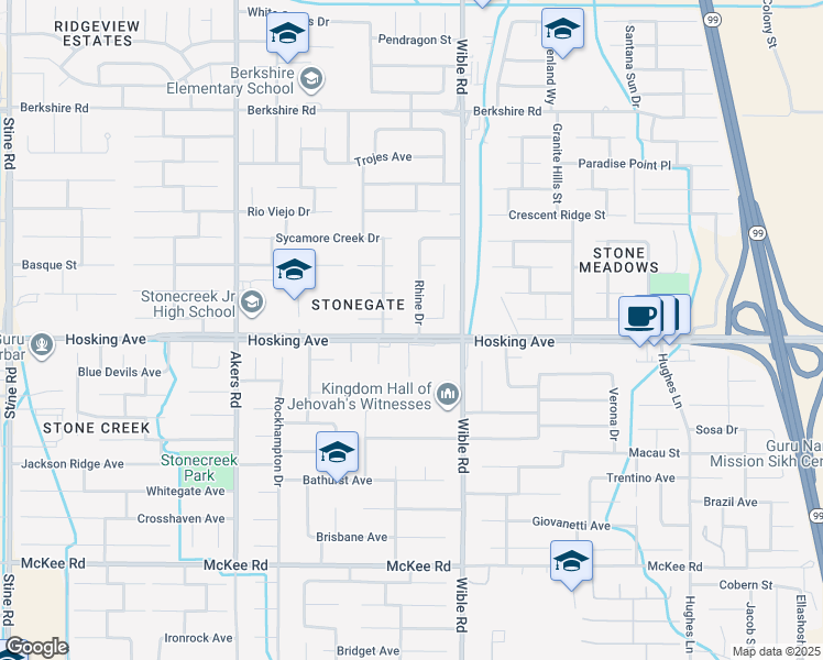 map of restaurants, bars, coffee shops, grocery stores, and more near 8009 Rhine Drive in Bakersfield
