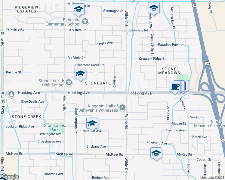 map of restaurants, bars, coffee shops, grocery stores, and more near 8009 Rhine Drive in Bakersfield