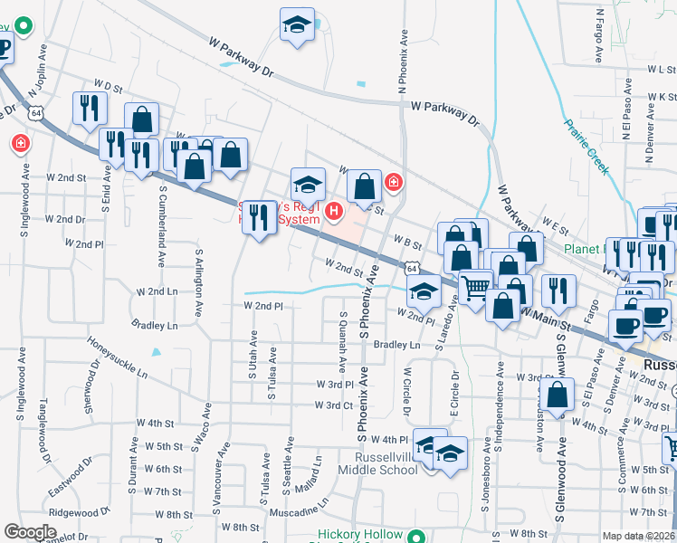 map of restaurants, bars, coffee shops, grocery stores, and more near 1703 West 2nd Street in Russellville