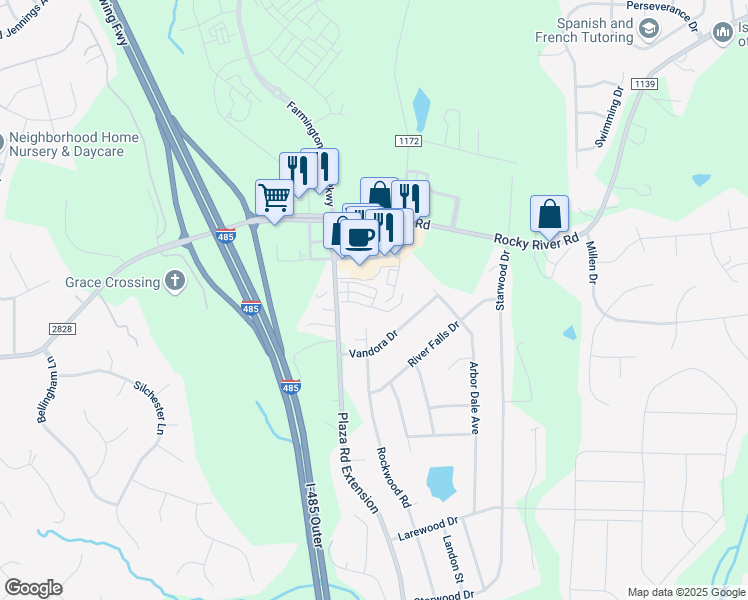 map of restaurants, bars, coffee shops, grocery stores, and more near 5647 Stafford Road in Charlotte