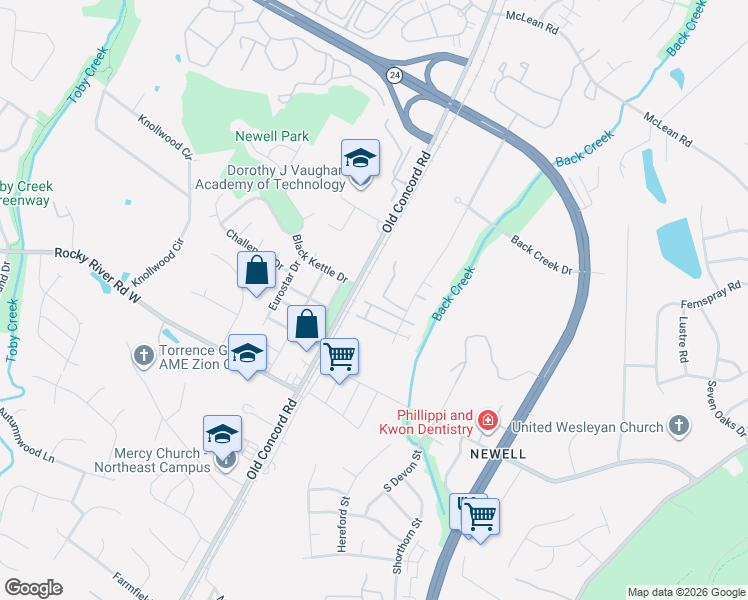 map of restaurants, bars, coffee shops, grocery stores, and more near 8401 University East Drive in Charlotte