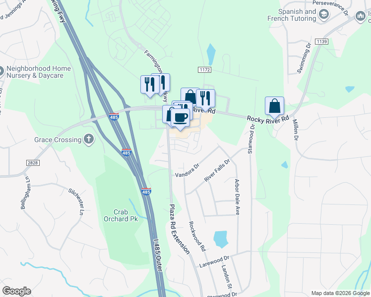 map of restaurants, bars, coffee shops, grocery stores, and more near 5647 Stafford Road in Charlotte