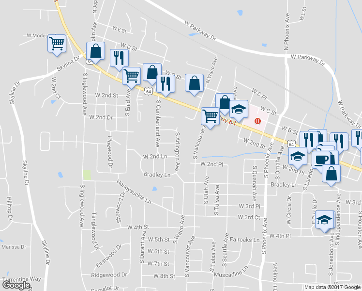 map of restaurants, bars, coffee shops, grocery stores, and more near 217 South Arlington Avenue in Russellville