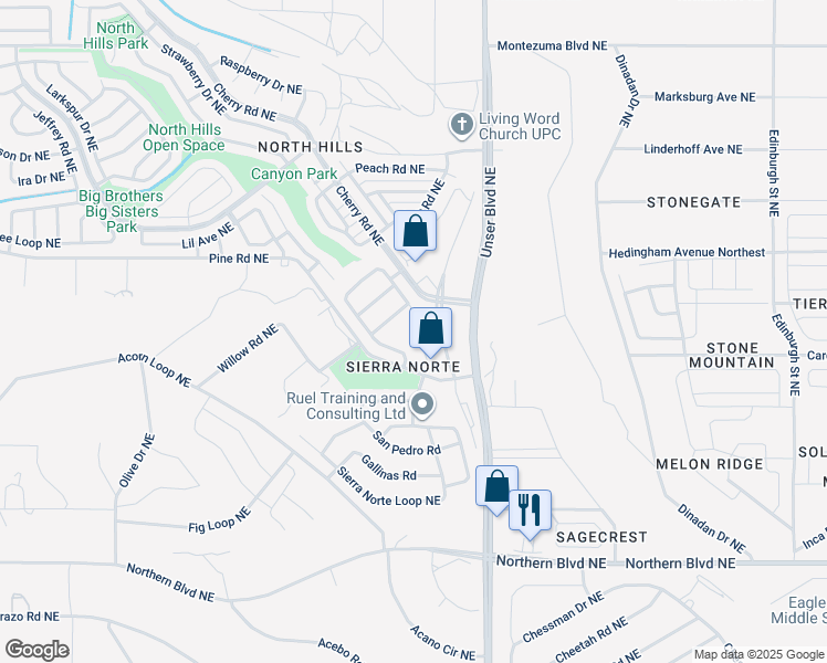 map of restaurants, bars, coffee shops, grocery stores, and more near 1561 Penasco Road Northeast in Rio Rancho
