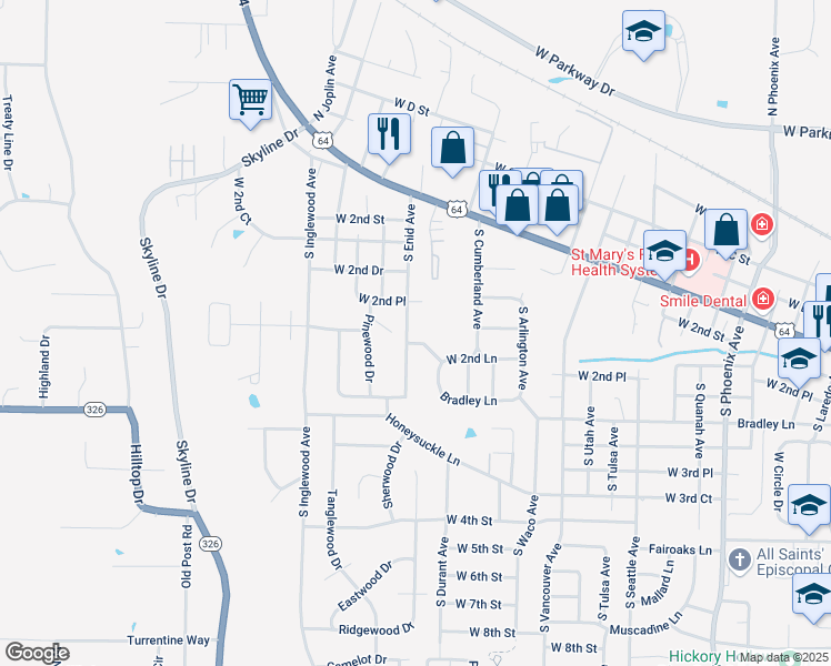 map of restaurants, bars, coffee shops, grocery stores, and more near 257 South Enid Avenue in Russellville