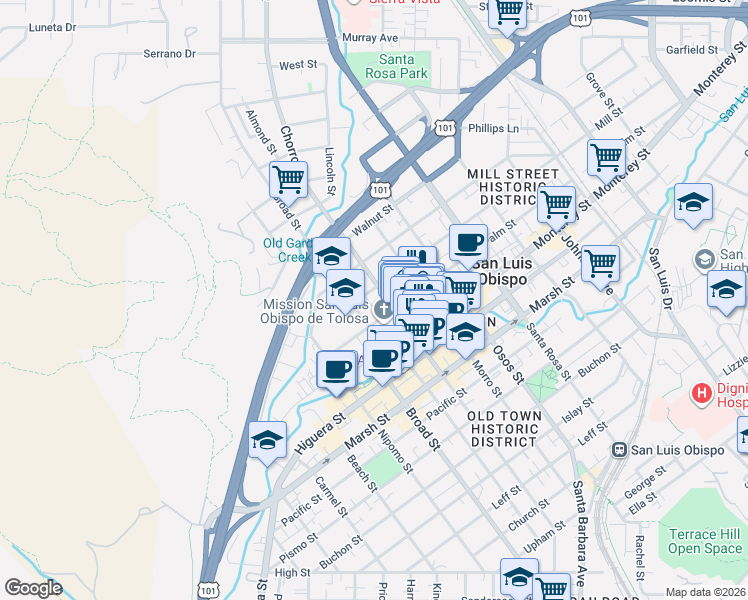 map of restaurants, bars, coffee shops, grocery stores, and more near 777 Mill Street in San Luis Obispo