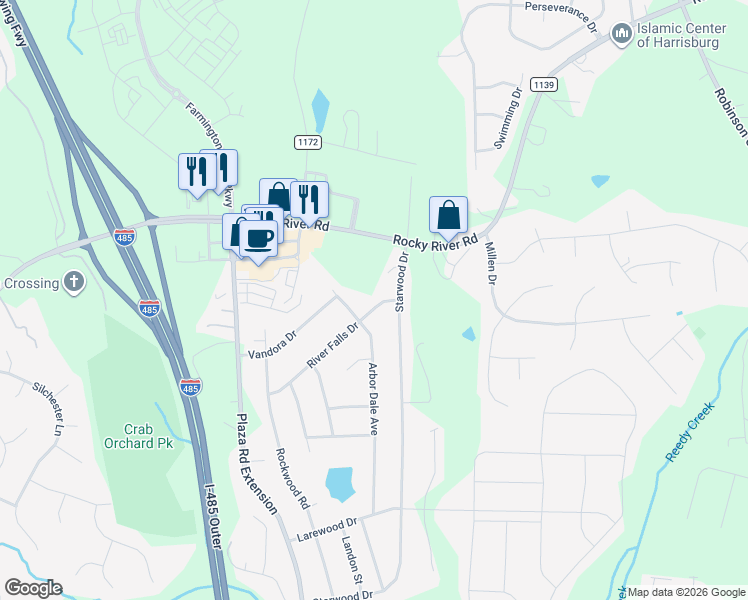 map of restaurants, bars, coffee shops, grocery stores, and more near 5307 River Falls Drive in Charlotte