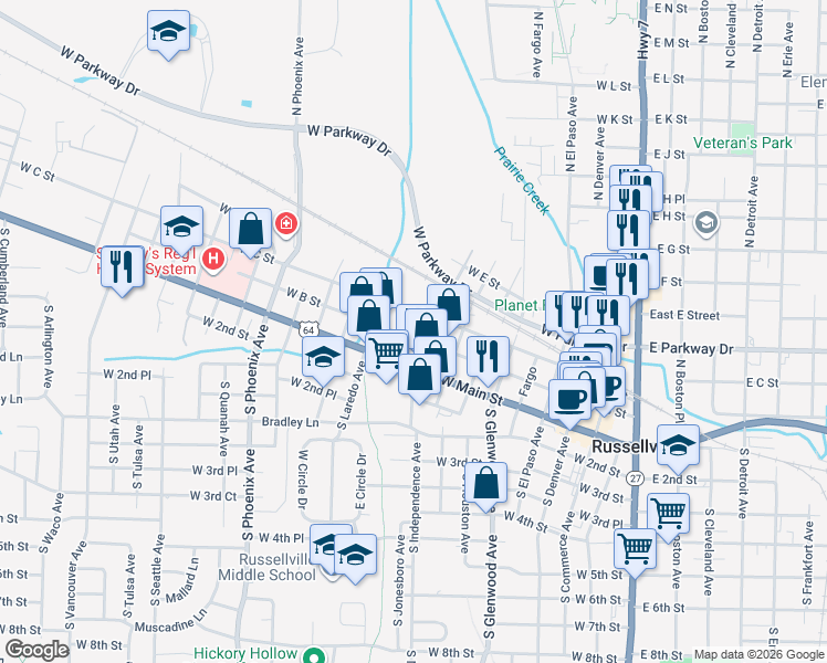 map of restaurants, bars, coffee shops, grocery stores, and more near 1015 West B Street in Russellville