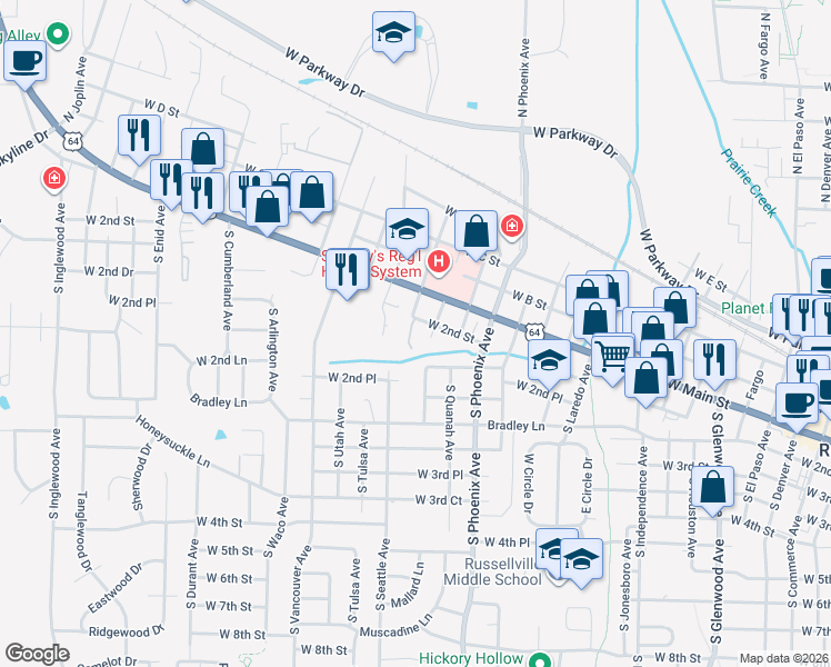 map of restaurants, bars, coffee shops, grocery stores, and more near 102 South Reno Avenue in Russellville