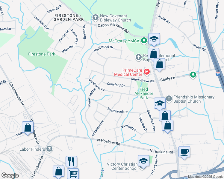map of restaurants, bars, coffee shops, grocery stores, and more near 1600 McAllister Drive in Charlotte