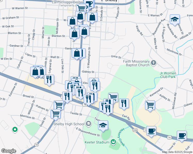 map of restaurants, bars, coffee shops, grocery stores, and more near 712 Parkview Street in Shelby