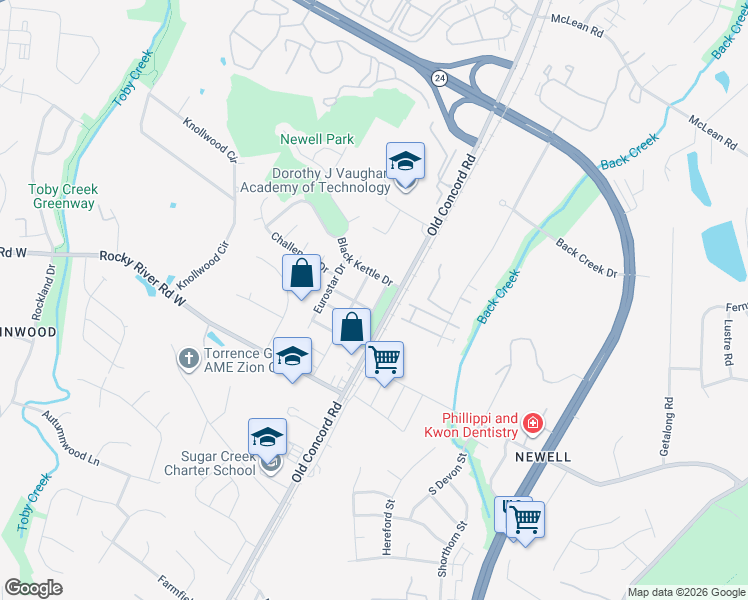 map of restaurants, bars, coffee shops, grocery stores, and more near 7111 Flying Scotsman Drive in Charlotte