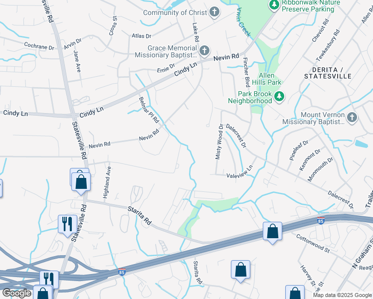 map of restaurants, bars, coffee shops, grocery stores, and more near 3638 Nevin Road in Charlotte
