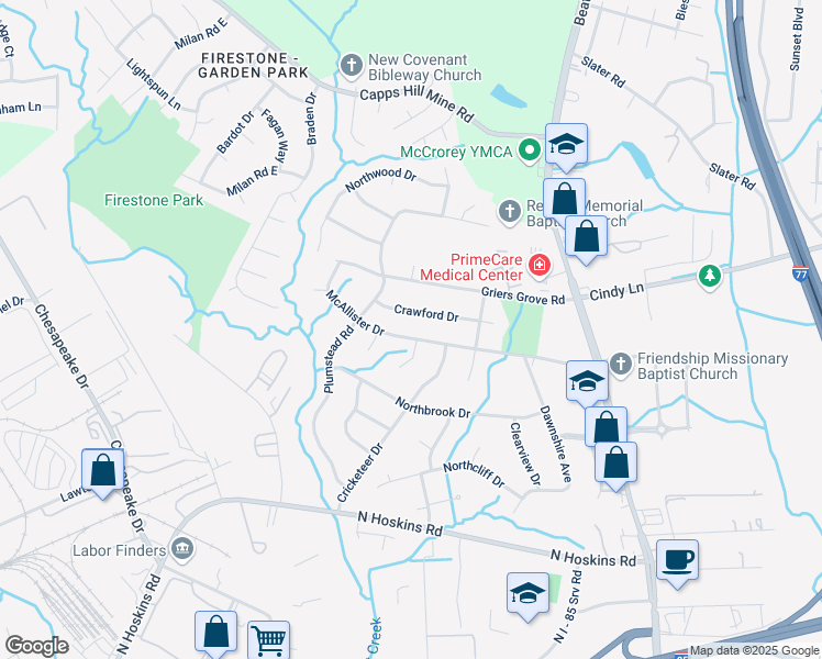 map of restaurants, bars, coffee shops, grocery stores, and more near 1600 McAllister Drive in Charlotte