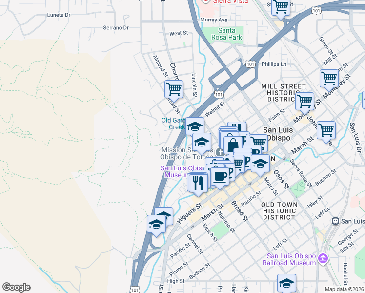 map of restaurants, bars, coffee shops, grocery stores, and more near 675 Brizzolara Street in San Luis Obispo