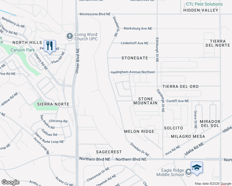 map of restaurants, bars, coffee shops, grocery stores, and more near Dinadan Drive Northeast in Rio Rancho