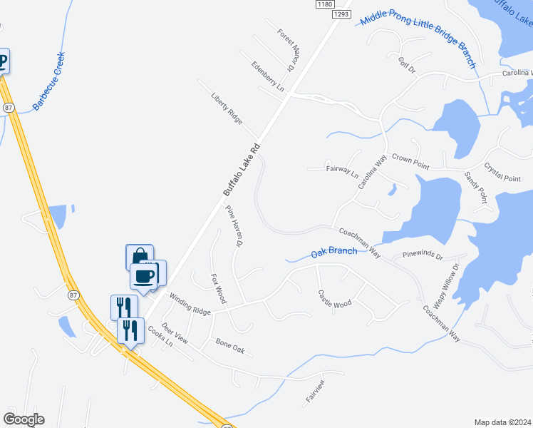 map of restaurants, bars, coffee shops, grocery stores, and more near 191 Coachman Way in Sanford